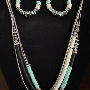 Silver and Turquoise Beaded Necklace and Earring Set